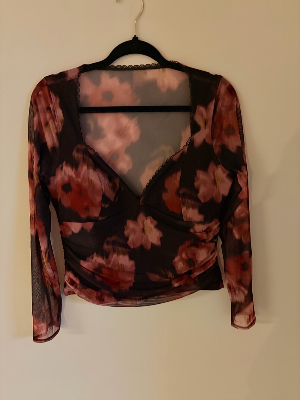 Abercrombie & Fitch Black Mesh Floral Wrap Top with Pink Blooms